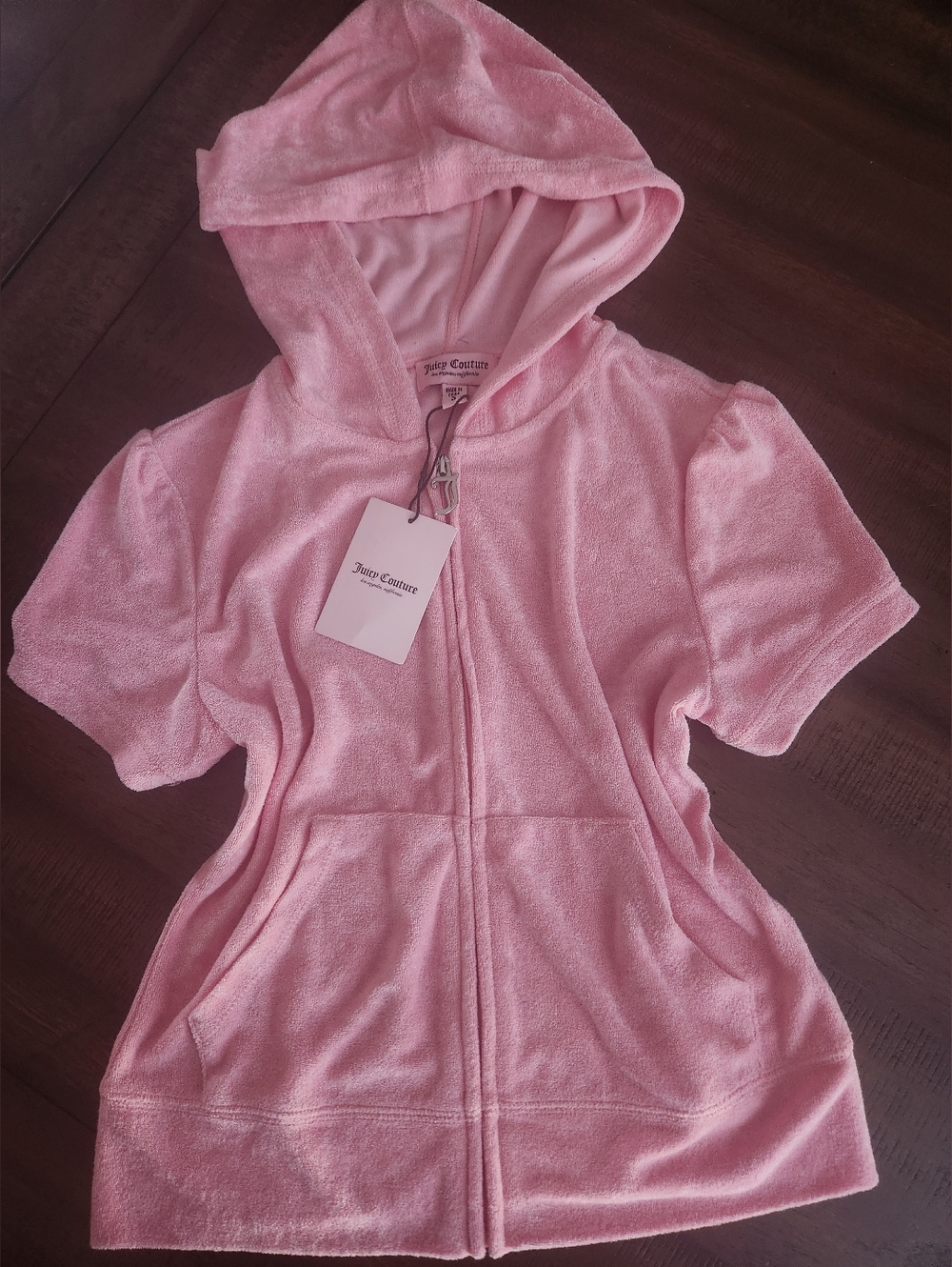 NWT Juicy Couture Pink Terry Cloth‎ Short Sleeve Hoodie With Pockets